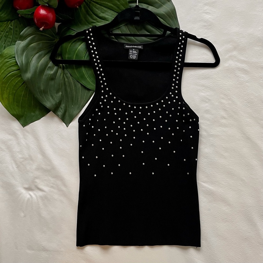 Dolce & Fabuloso Black Embellished Scoop Neck Stretchy Tank Top S (Women’s)